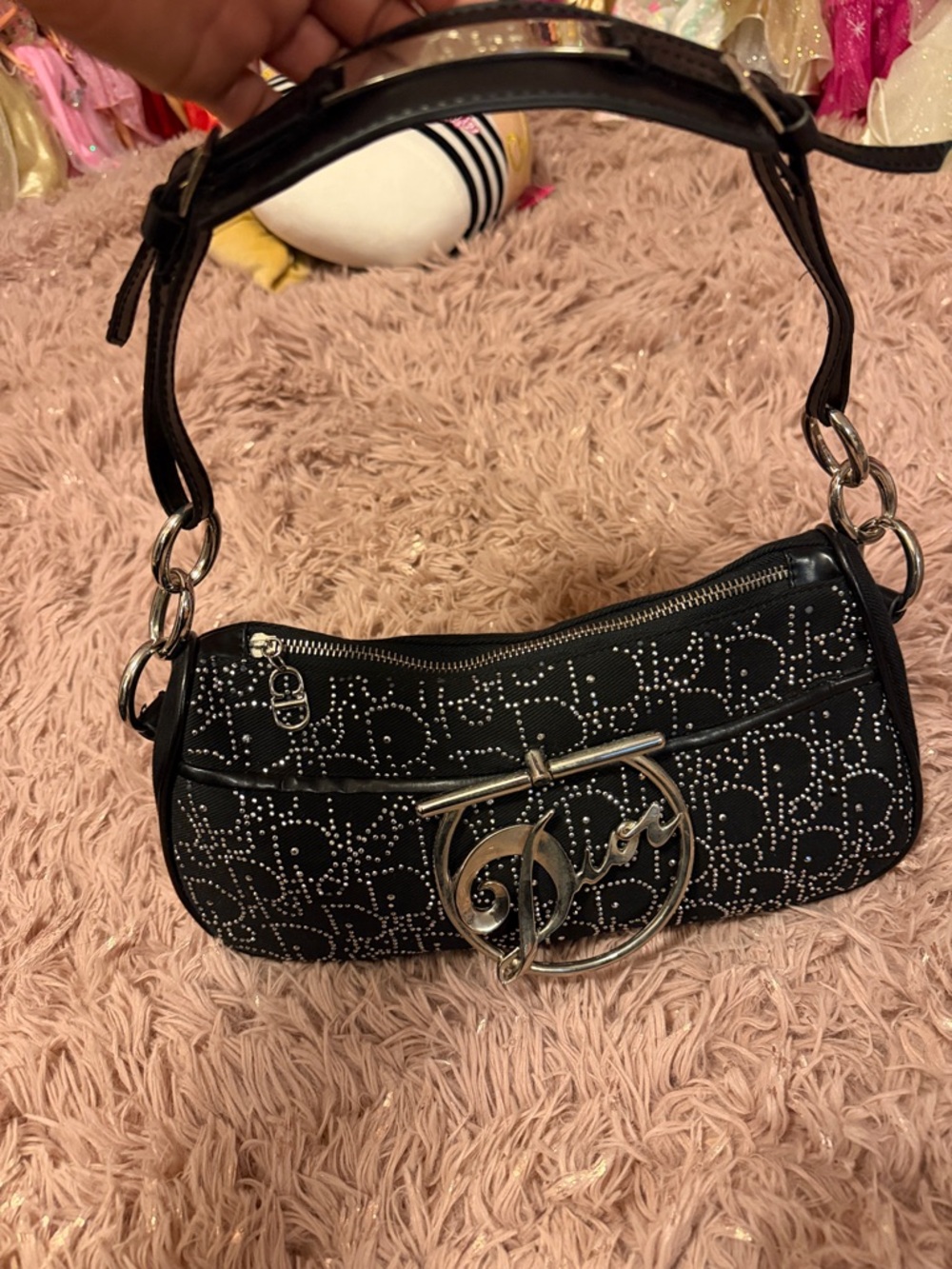 Dior Black Studded Logo Mini Shoulder Bag with Silver Hardware